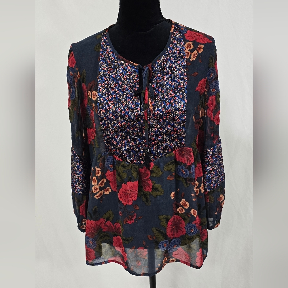 Daniel Rainn women L blouse 3/4 balloon sleeve tie neck,β sheer, lightweight